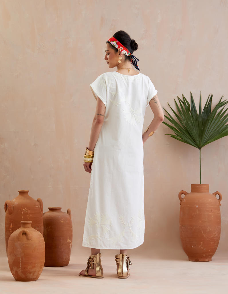 Ivory and Cream Thread Embroidery Maxi Dress