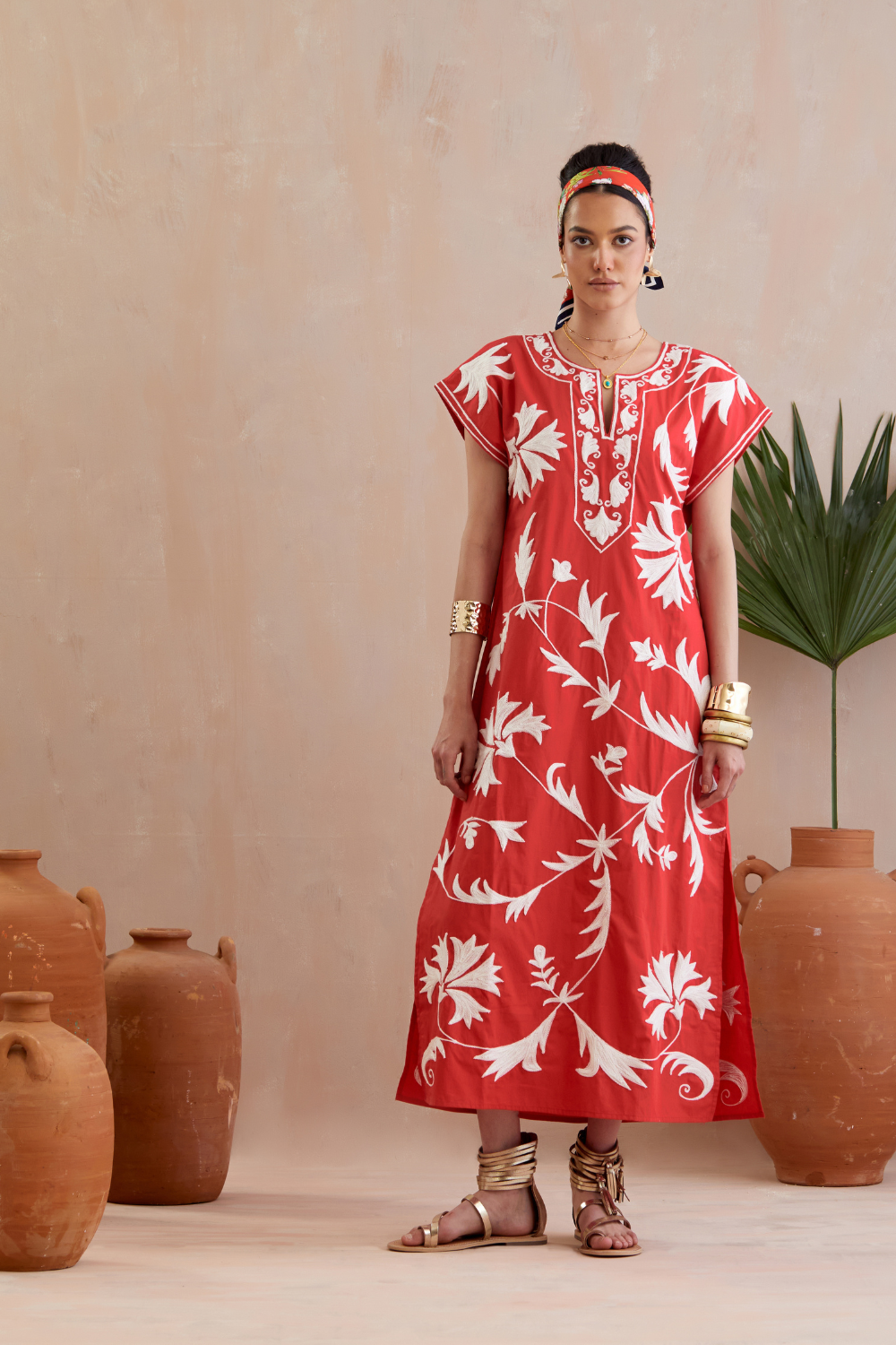 Crimson Red and Ivory Thread Embroidery Maxi Dress