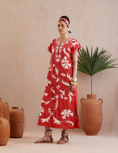 Crimson Red and Ivory Thread Embroidery Maxi Dress