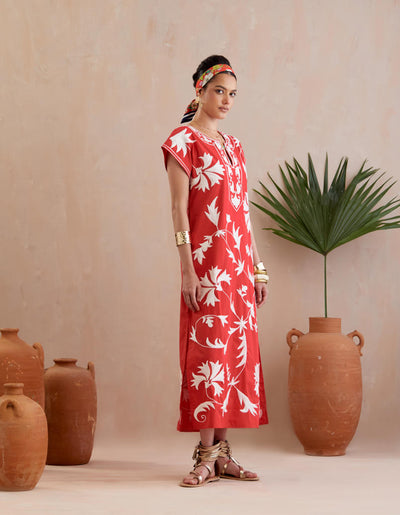 Crimson Red and Ivory Thread Embroidery Maxi Dress