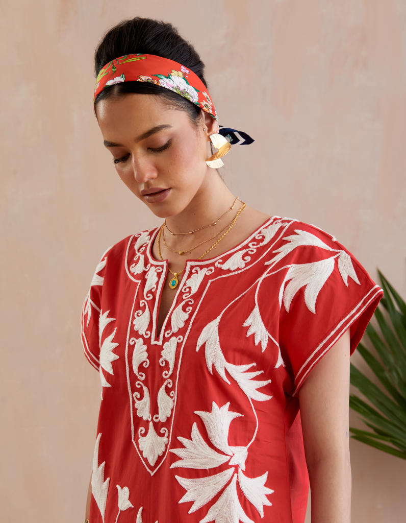 Crimson Red and Ivory Thread Embroidery Maxi Dress poplin by Indian Summer Story in red color for women Worldwide