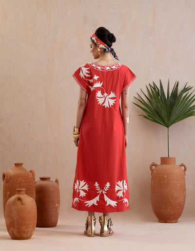 Crimson Red and Ivory Thread Embroidery Maxi Dress