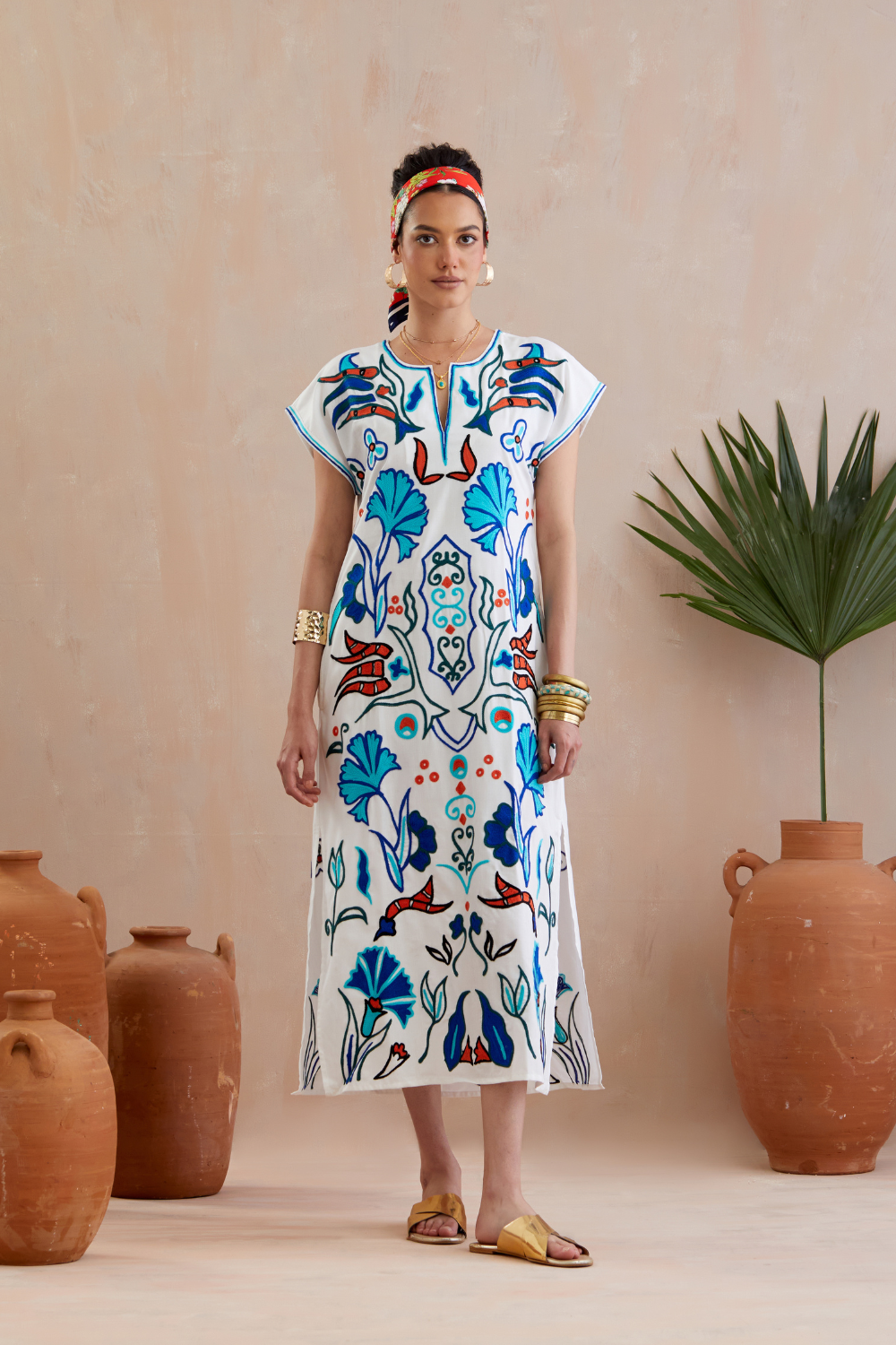 Ivory and Multi Color Thread Embroidery Maxi Dress With Short Sleeves