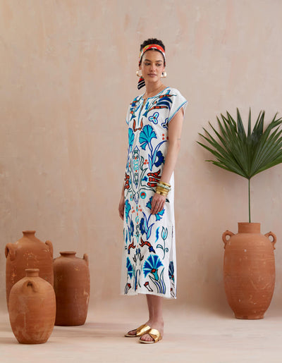 Ivory and Multi Color Thread Embroidery Maxi Dress With Short Sleeves