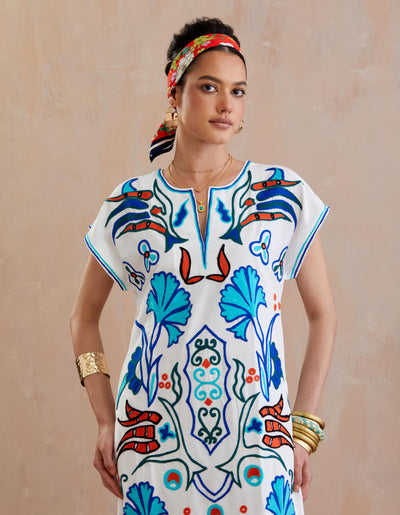 Ivory and Multi Color Thread Embroidery Maxi Dress With Short Sleeves