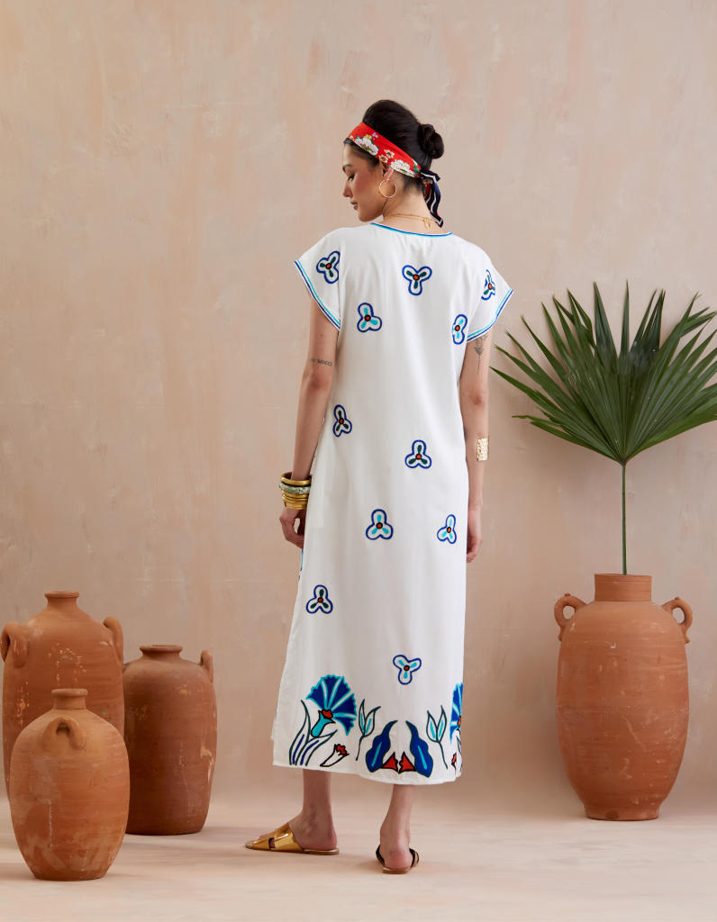 Ivory and Multi Color Thread Embroidery Maxi Dress With Short Sleeves poplin by Indian Summer Story in ivory color for women Worldwide