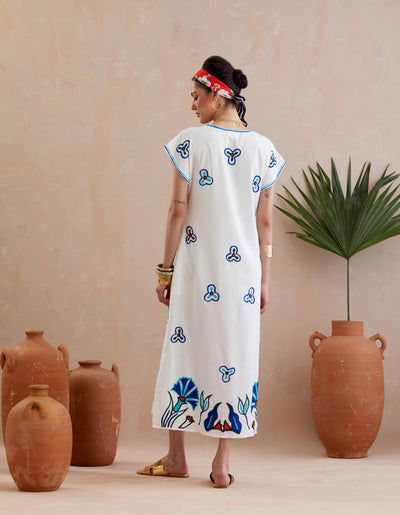 Ivory and Multi Color Thread Embroidery Maxi Dress With Short Sleeves