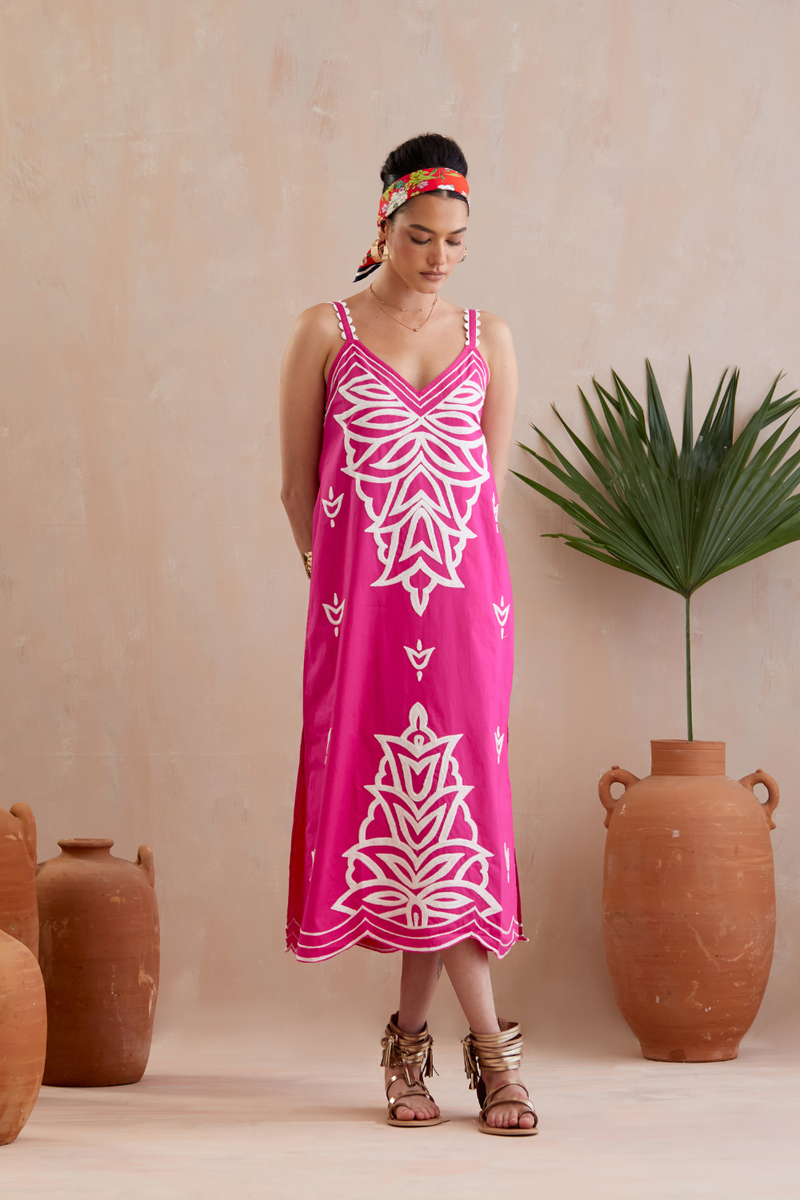 Fuchsia with Ivory Thread Embroidery Midi Dress poplin by Indian Summer Story in pink color for women Worldwide
