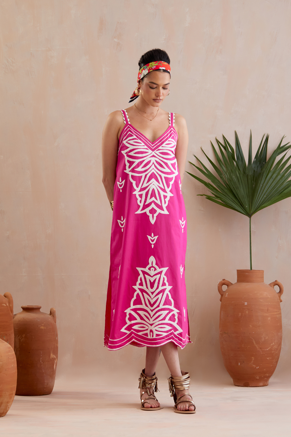 Fuchsia with Ivory Thread Embroidery Midi Dress