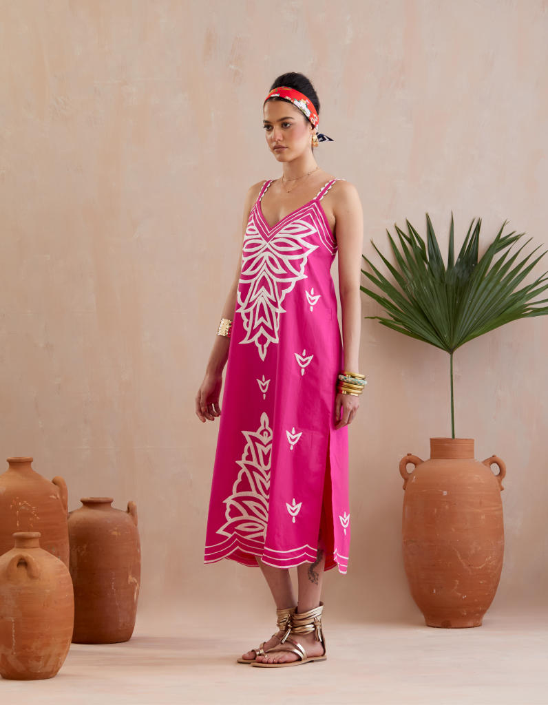 Fuchsia with Ivory Thread Embroidery Midi Dress