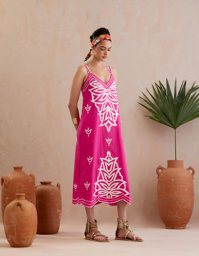 Fuchsia with Ivory Thread Embroidery Midi Dress