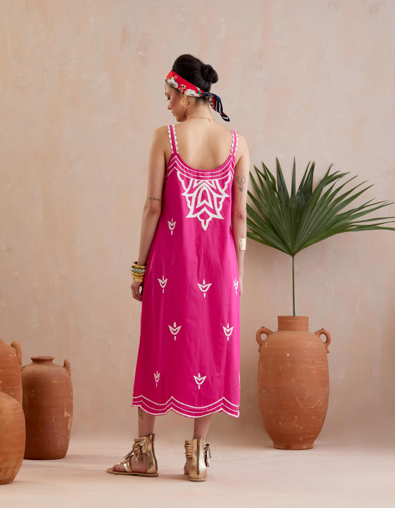 Fuchsia with Ivory Thread Embroidery Midi Dress