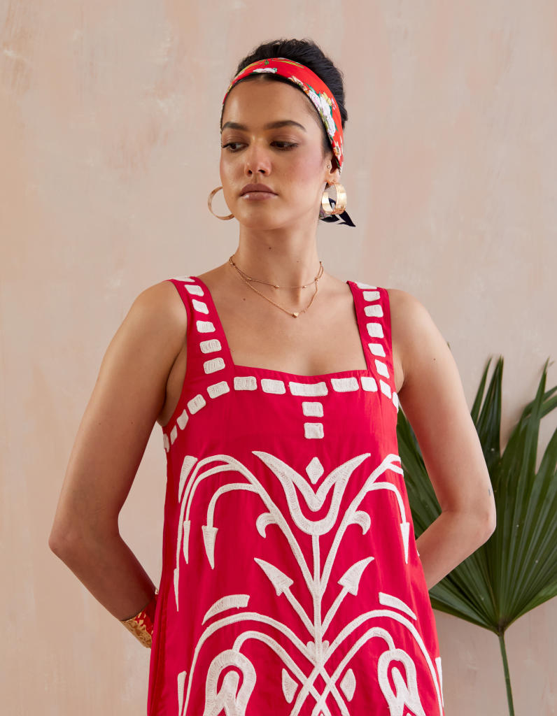 Crimson Red and Ivory Thread Embroidery Mini Dress poplin by Indian Summer Story in red color for women Worldwide