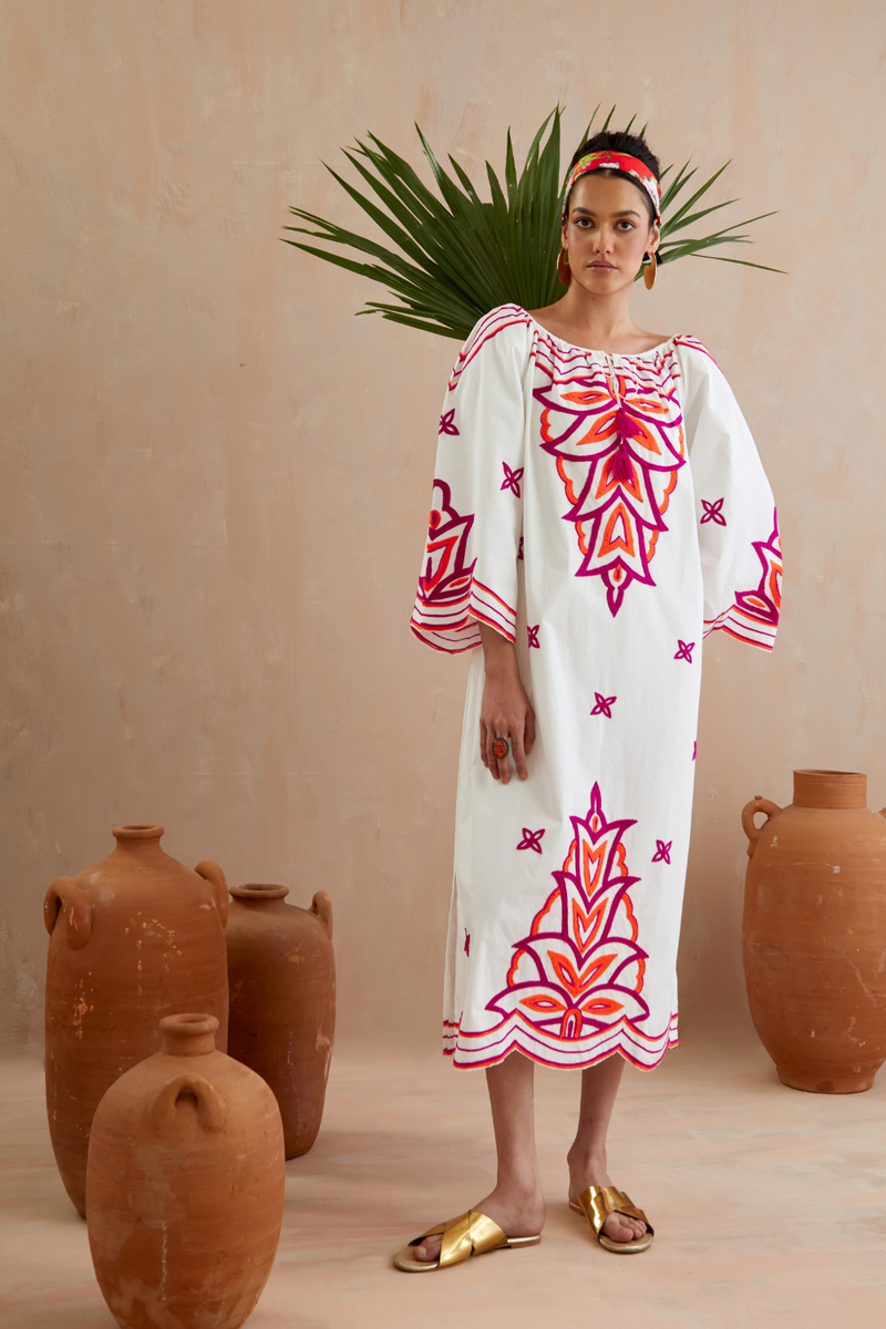 Ivory and Multi Color Fuschia Thread Embroidery Maxi Dress poplin by Indian Summer Story in ivory color for women Worldwide