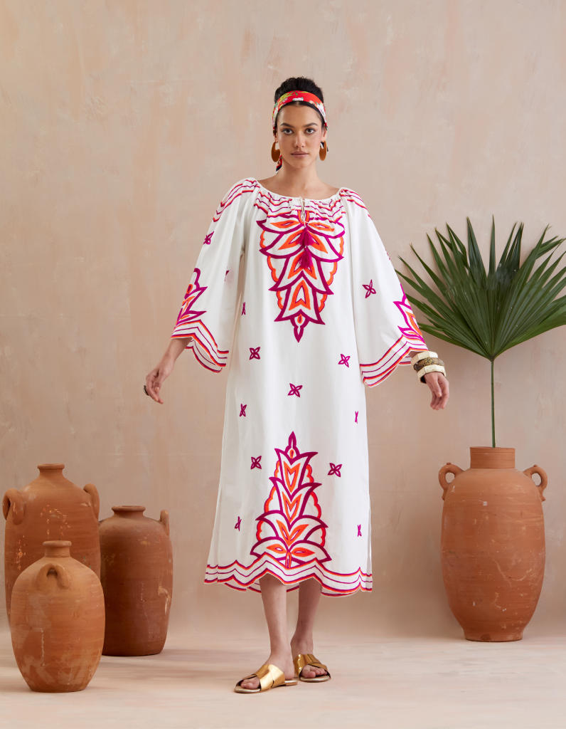 Ivory and Multi Color Fuschia Thread Embroidery Maxi Dress