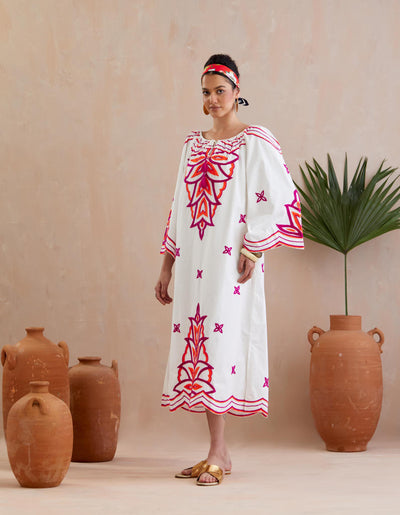 Ivory and Multi Color Fuschia Thread Embroidery Maxi Dress