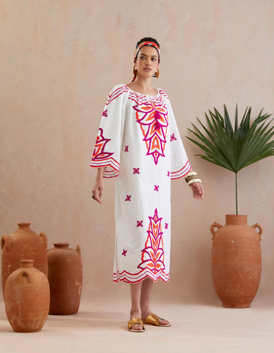 Ivory and Multi Color Fuschia Thread Embroidery Maxi Dress