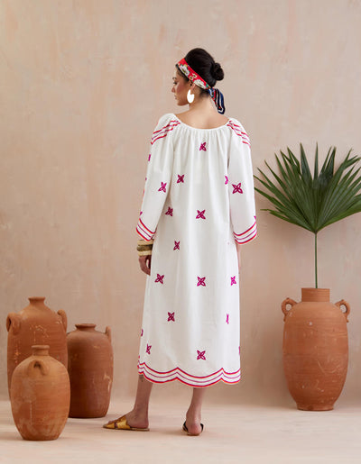 Ivory and Multi Color Fuschia Thread Embroidery Maxi Dress