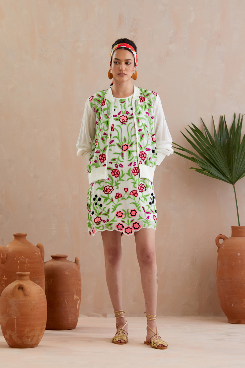 Pearl White and Multi Color Thread Embroidery Jacket by Indian Summer Story in ivory color for women Worldwide