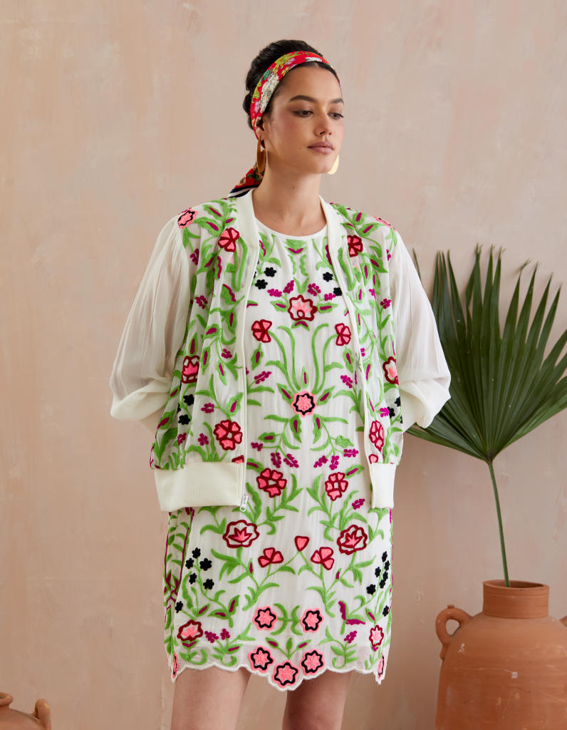 Pearl White and Multi Color Thread Embroidery Jacket by Indian Summer Story in ivory color for women Worldwide