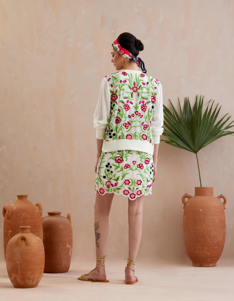 Pearl White and Multi Color Thread Embroidery Jacket by Indian Summer Story in ivory color for women Worldwide