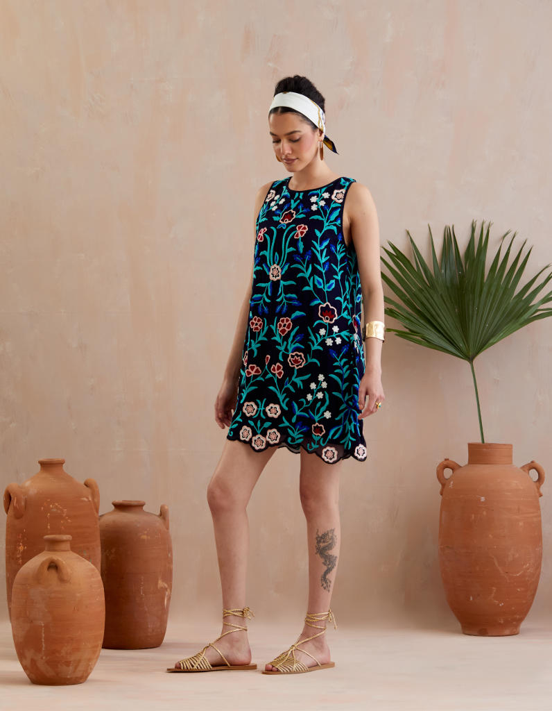 Midnight Blue and Multi Color Thread Embroidery Mini Dress poplin by Indian Summer Story in blue color for women Worldwide