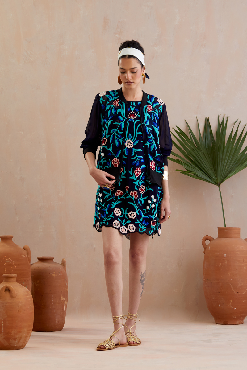 Midnight Blue and Multi Color Thread Embroidery Jacket poplin by Indian Summer Story in blue color for women Worldwide