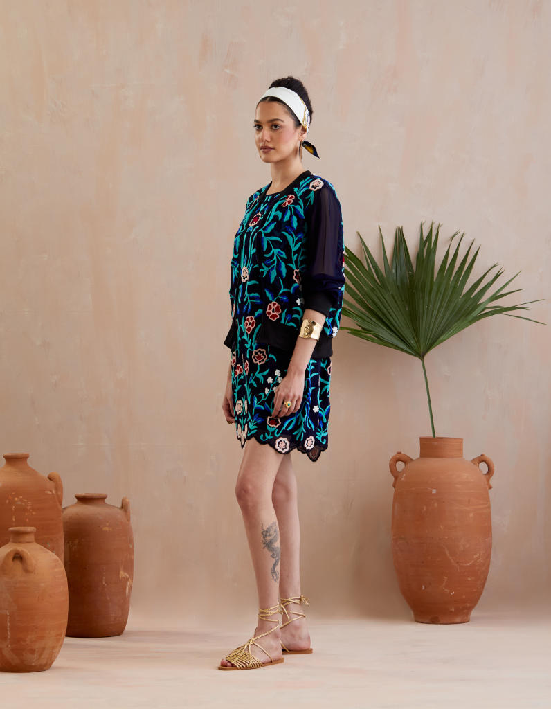 Midnight Blue and Multi Color Thread Embroidery Jacket poplin by Indian Summer Story in blue color for women Worldwide