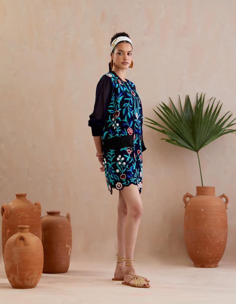 Midnight Blue and Multi Color Thread Embroidery Jacket poplin by Indian Summer Story in blue color for women Worldwide