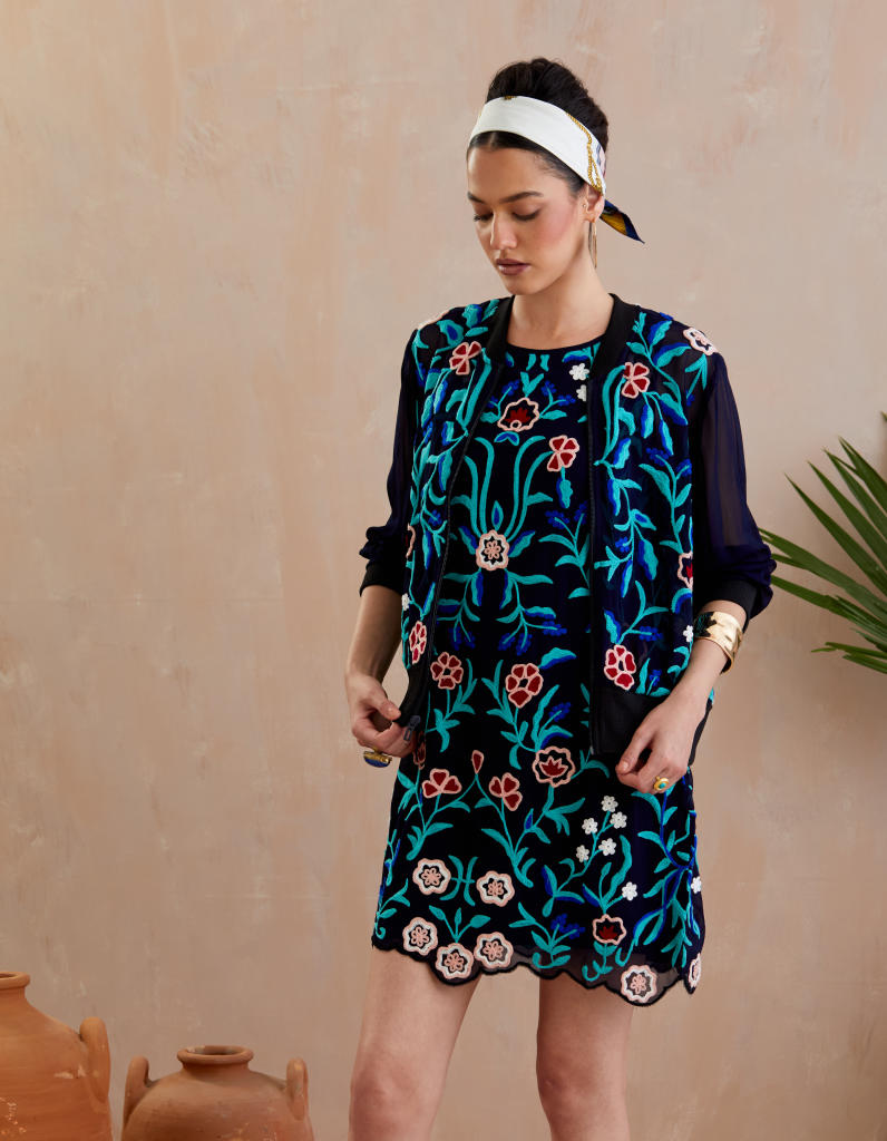 Midnight Blue and Multi Color Thread Embroidery Jacket poplin by Indian Summer Story in blue color for women Worldwide