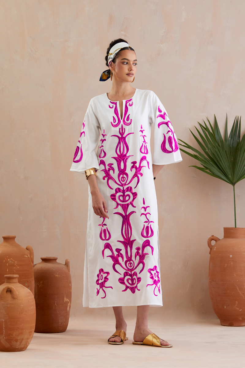 Ivory and Multi Color Fuschia Thread Embroidery Maxi Dress With Wide Sleeves poplin by Indian Summer Story in ivory color for women Worldwide
