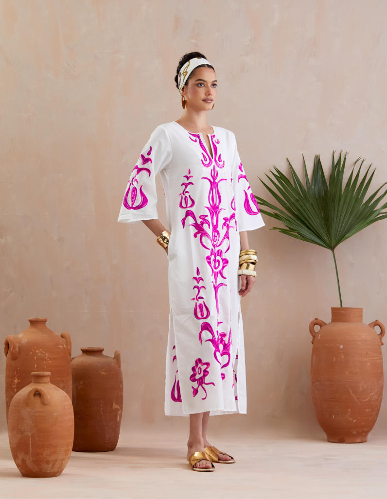 Ivory and Multi Color Fuschia Thread Embroidery Maxi Dress With Wide Sleeves poplin by Indian Summer Story in ivory color for women Worldwide
