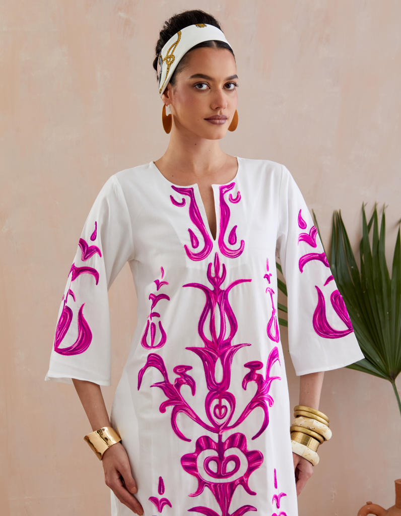 Ivory and Multi Color Fuschia Thread Embroidery Maxi Dress With Wide Sleeves poplin by Indian Summer Story in ivory color for women Worldwide