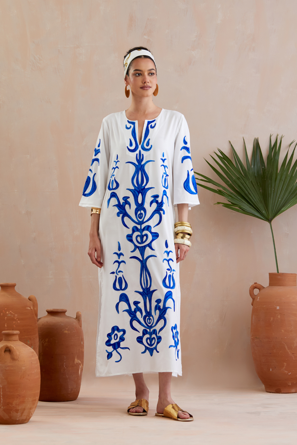 Ivory and Blue Thread Embroidery  Maxi Dress-Size L