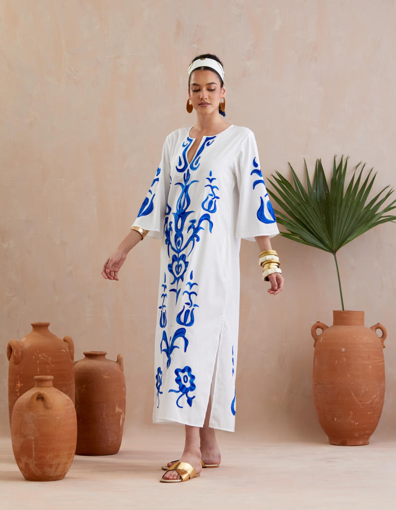 Ivory and Blue Thread Embroidery  Maxi Dress-Size L