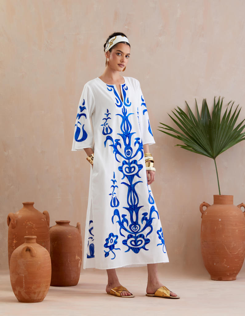 Ivory and Blue Thread Embroidery  Maxi Dress-Size L