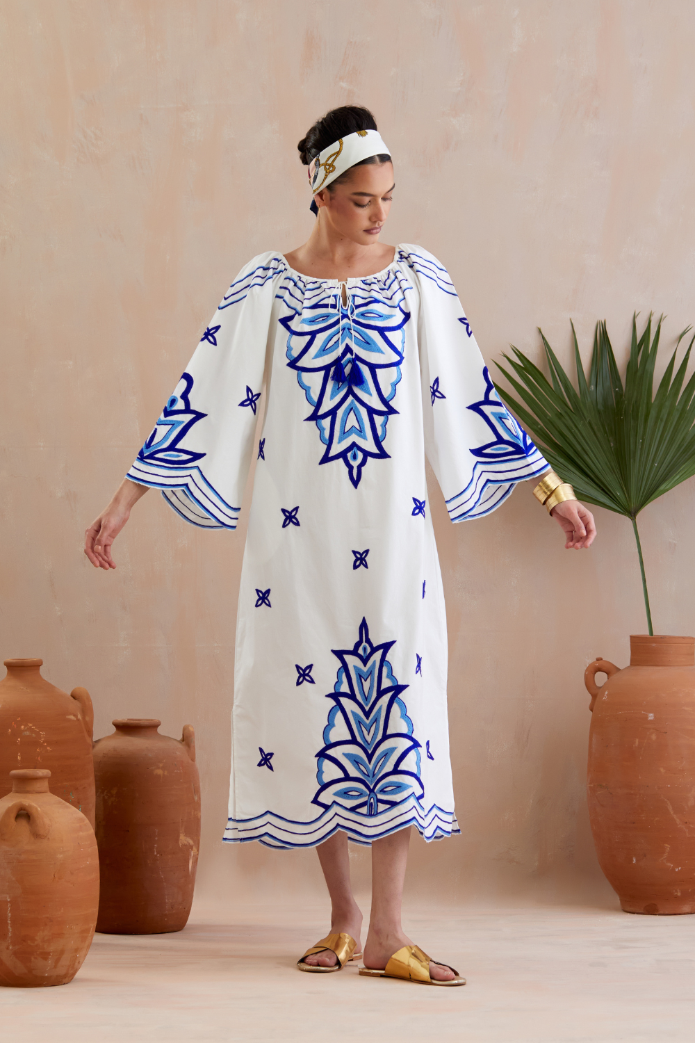 Ivory and Multi Color Azure Thread Embroidery Maxi Dress With Wide sleeve