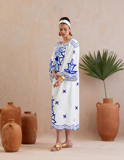 Ivory and Multi Color Azure Thread Embroidery Maxi Dress With Wide sleeve