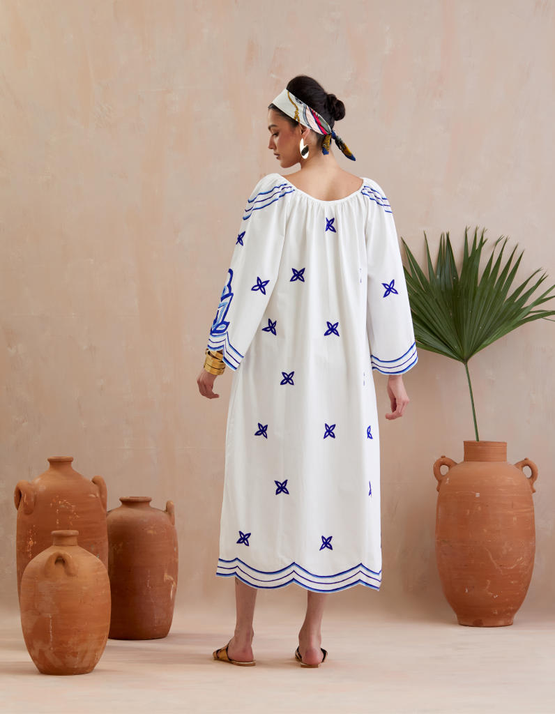 Ivory and Multi Color Azure Thread Embroidery Maxi Dress With Wide sleeve poplin by Indian Summer Story in ivory color for women Worldwide