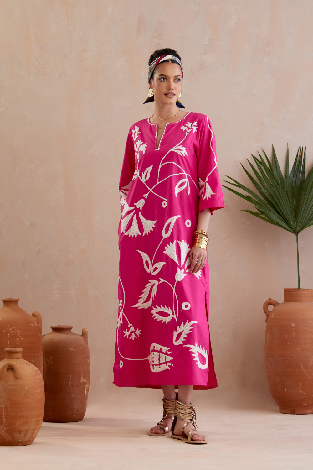 Fuschia and Ivory Thread Embroidery Maxi Dress