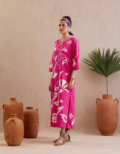 Fuschia and Ivory Thread Embroidery Maxi Dress