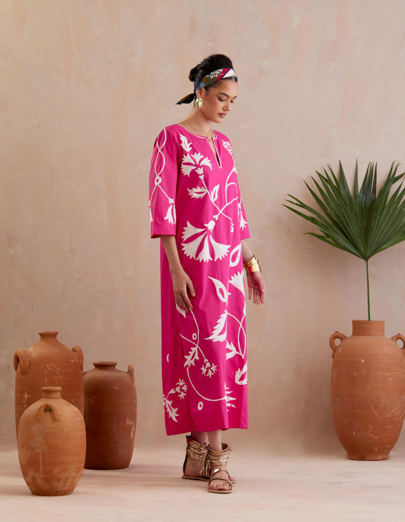 Fuschia and Ivory Thread Embroidery Maxi Dress