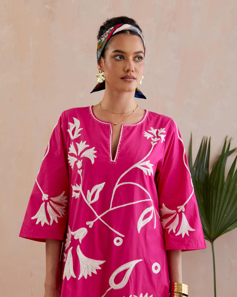 Fuschia and Ivory Thread Embroidery Maxi Dress poplin by Indian Summer Story in pink color for women Worldwide