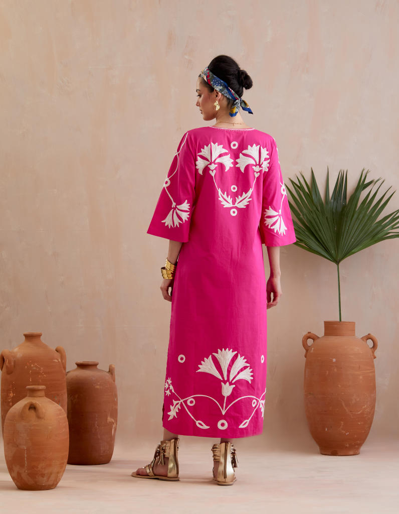 Fuschia and Ivory Thread Embroidery Maxi Dress