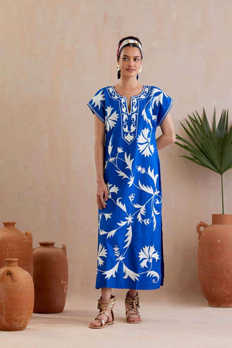 Cobalt Blue and Ivory Thread Embroidery Short Sleeve Maxi Dress poplin by Indian Summer Story in blue color for women Worldwide