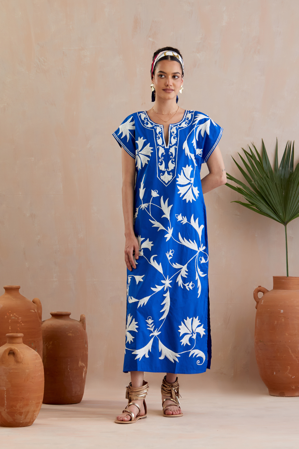 Cobalt Blue and Ivory Thread Embroidery Short Sleeve Maxi Dress