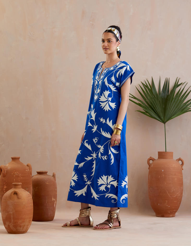 Cobalt Blue and Ivory Thread Embroidery Short Sleeve Maxi Dress