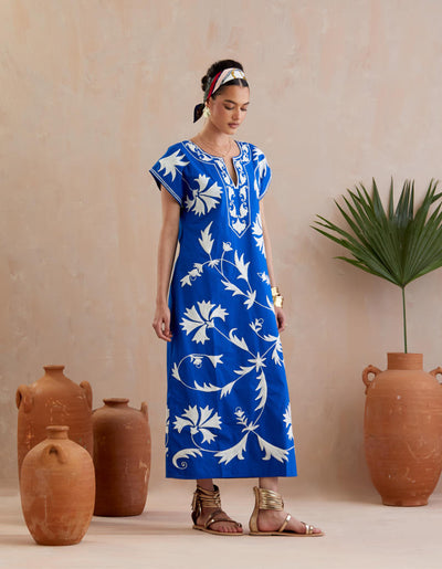 Cobalt Blue and Ivory Thread Embroidery Short Sleeve Maxi Dress