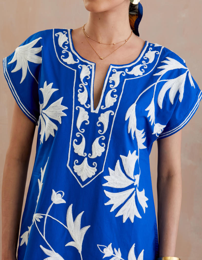 Cobalt Blue and Ivory Thread Embroidery Short Sleeve Maxi Dress