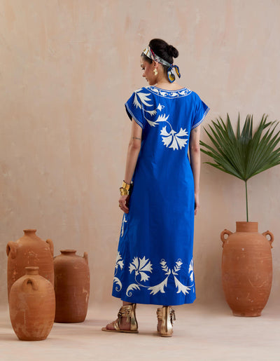 Cobalt Blue and Ivory Thread Embroidery Short Sleeve Maxi Dress